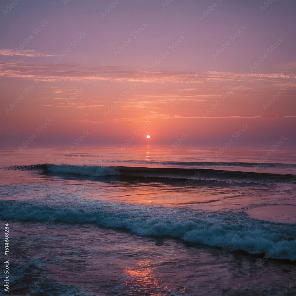 Fototapeta premium Pink and Orange Sunrise Over Calm Ocean Water.
