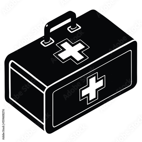 Isometric black and white illustration of a first aid kit with a medical cross symbol.