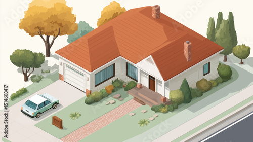 Charming Suburban Home Isometric Illustration of a Family House