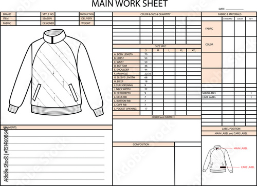 Main Work Sheet Detailed Jacket Technical Drawing