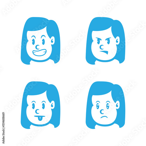 Set of cartoon girl faces with straight hair showing 4 expressions: angry, smiling, winking, and surprised. Great for education, apps, stickers, or emotional UI design