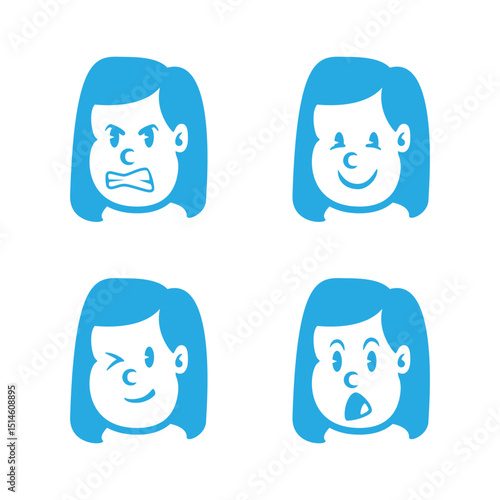 Set of cartoon girl faces with straight hair showing 4 expressions: angry, smiling, winking, and surprised. Great for education, apps, stickers, or emotional UI design