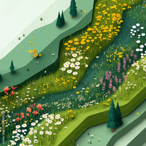 Stunning LowPoly River Landscape Vibrant Wildflowers  Lush Greenery