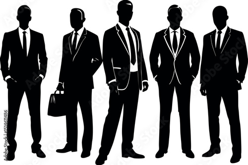 Silhouette of five business men standing together in formal suits attire