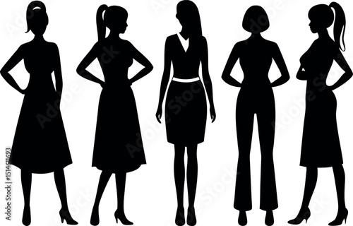 Silhouette illustration of five women standing together in different styles and poses