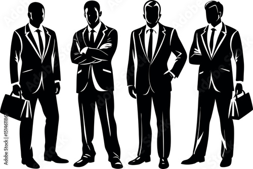 Four business men silhouettes in suits standing in different poses vector art