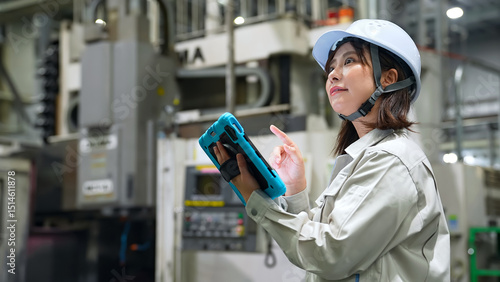 Obraz na płótnie タブレットを持って工場機械を点検する女性作業員