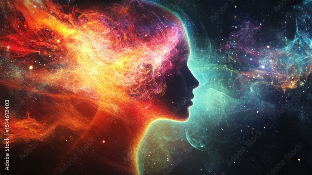 Fototapeta premium Abstract profile of a person with vibrant cosmic energy.