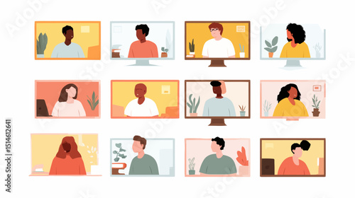Diverse Team Video Conference Remote Work Online Meeting Virtual Collaboration Illustration