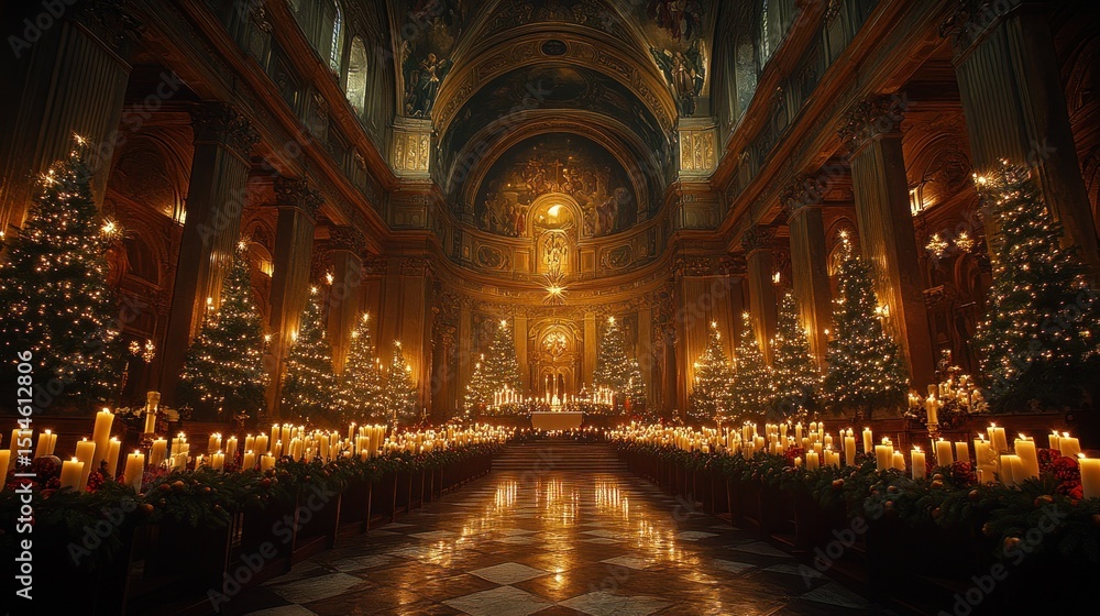 Fototapeta premium Grand Christmas church interior, adorned with numerous trees and candles