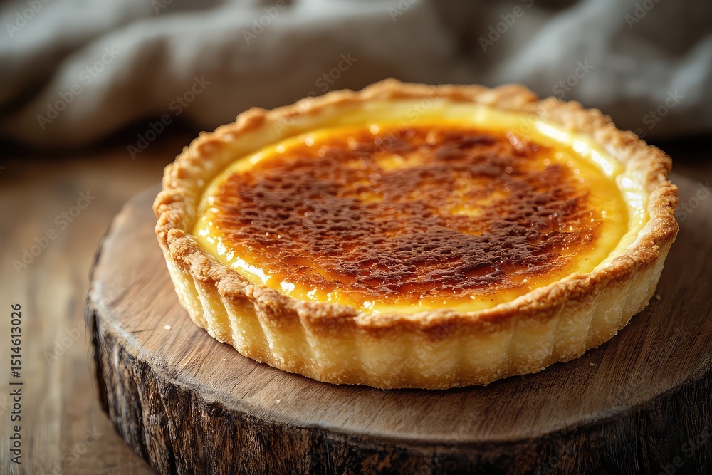 Creamy custard tart with a caramelized top, displayed on a rustic wooden table. Classic dessert concept with space for text Creamy custard tart with a caramelized top, displayed on a rustic wooden table. Classic dessert concept with space for text