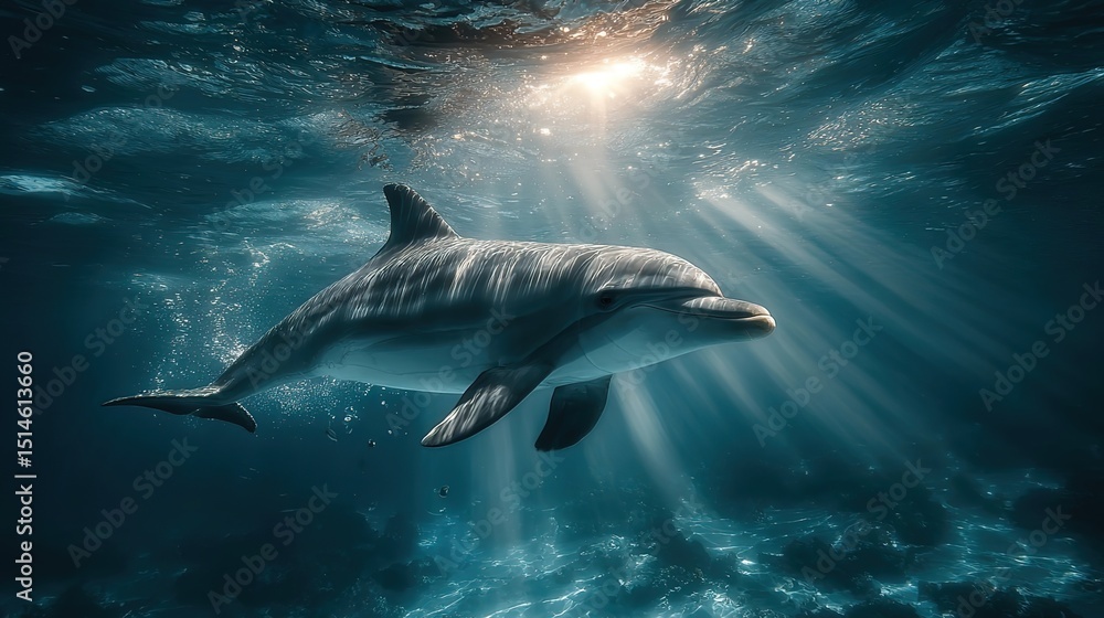 Naklejka premium A cute dolphin gliding gracefully through sunlit seawater, its flippers propelling it gently beneath shimmering light spots in a serene underwater environment.