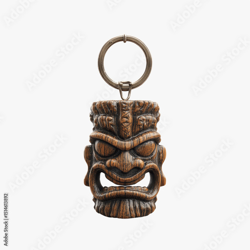Tiki Mask Keychain - Wooden Carved Tribal Keyring