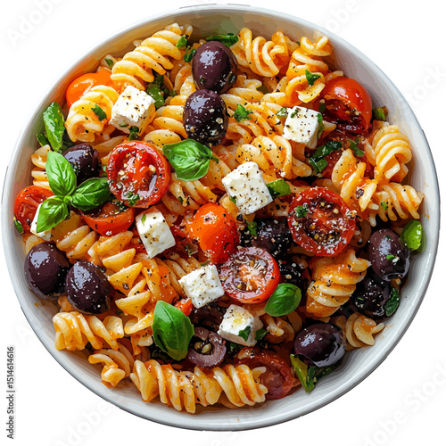 Delicious pasta salad recipe with tomatoes olives and feta cheese perfect for summer lunch and dinner  on transparent background