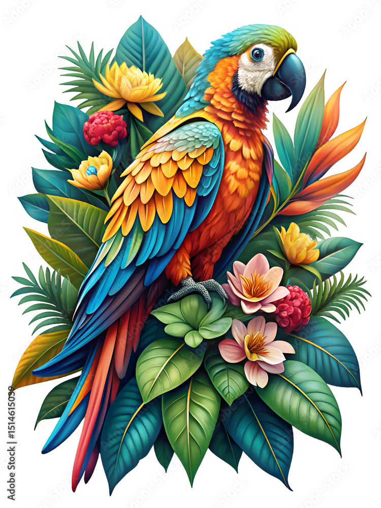 Obraz premium A Colorful blue and yellow macaw parrot sitting on a branch in tropical nature illustration.