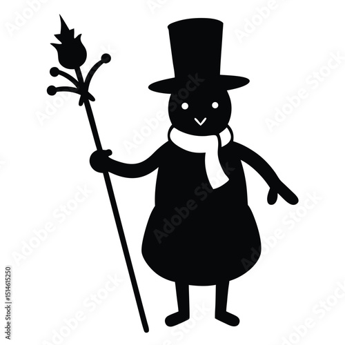 Black and white silhouetted chimney sweep holding ornamental staff for winter holiday season