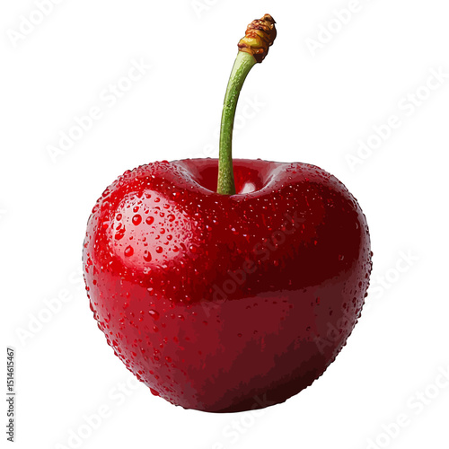 Isolated red cherry fruit with stem and water droplets on black background food photography close up view  char on transparent background