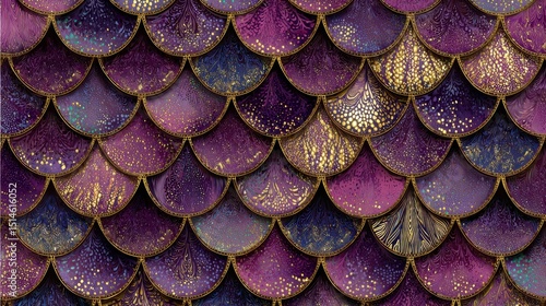 Colorful, textured scales in purple and gold create a mesmerizing, artistic, and decorative pattern reminiscent of fantasy creatures.