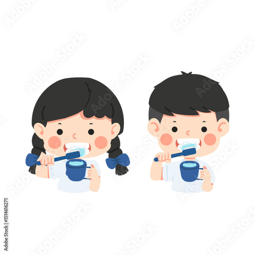 Kids Hygiene Routine: An illustration of boy and girl doing teeth brushing for dental health care and personal hygiene, both kids in their dental cleaning routine with tooth brush.