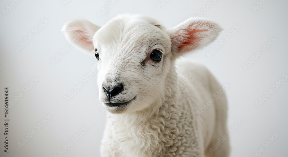 Fototapeta premium An endearing close-up portrait captures the innocent charm of a fluffy white baby lamb. The young farm animal looks slightly off-camera with gentle, dark eyes, its soft, pristine woolly coat and delic