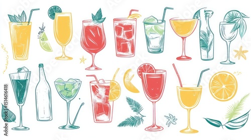 Wallpaper Mural Colorful illustration of various cocktails and mixed drinks in different glasses, garnished with fruits and mint Torontodigital.ca