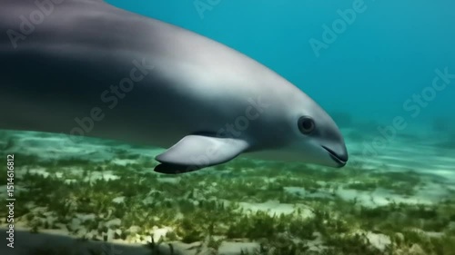 A rare vaquita porpoise swims calmly through shallow, clear blue waters with sunbeams piercing through the surface. A peaceful and natural marine wildlife scene captured in perfect light and clarity.