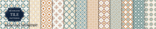 Collection of tile mosaic seamless ornamental vector patterns. Elegant color geometric oriental repeatable backgrounds, symmetric textures