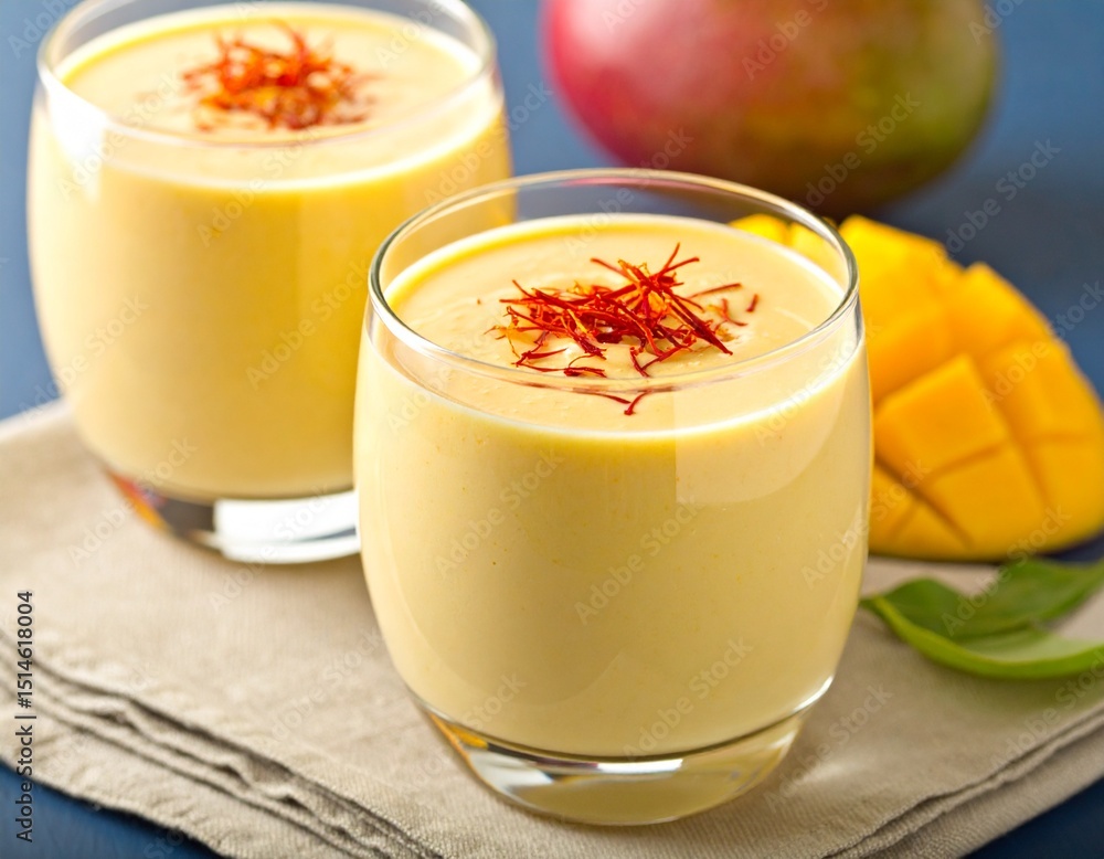 mango lassi with saffron strands in glass mango lassi with saffron strands in glass