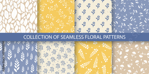 Collection of geometric colorful seamless floral patterns - cute design. Vintage trendy repeatable backgrounds. Bright textile endless prints