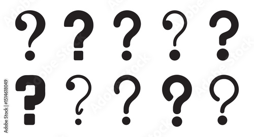 A collection of various question mark symbols, presented in a clean, simple layout against a pure white background.