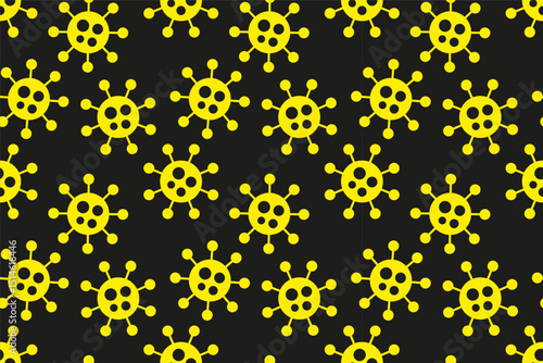 Cartoon seamless virus pattern. Pandemic black and yellow danger background with abstract medical bacteria symbols. Vector illustration for fabric, design, print, wallpaper, cover, covid concept