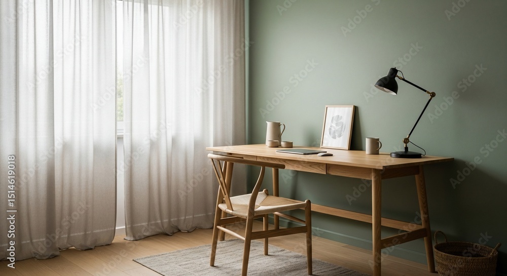 Fototapeta premium Serene Home Office Desk with Natural Light and Minimalist Decor