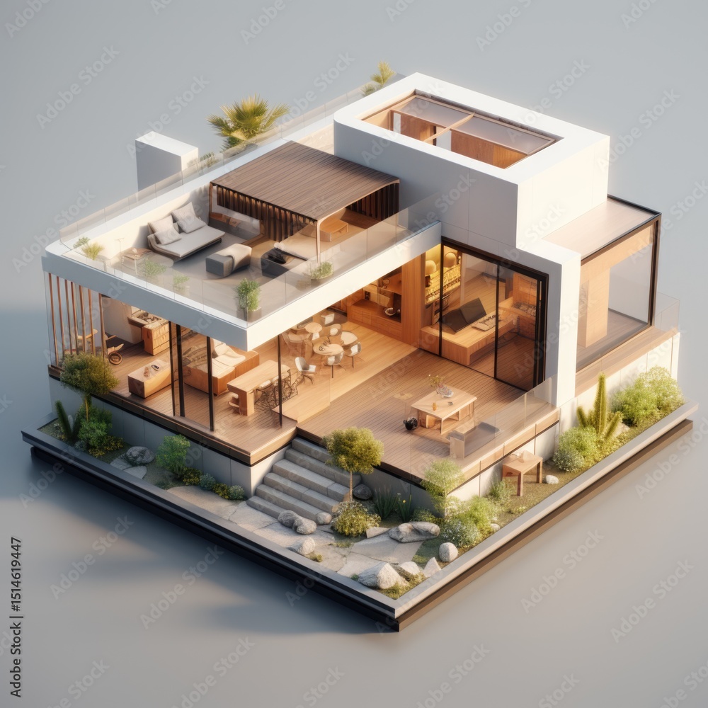 modern home interior, 3d small house model on architecture floor plan created with Generative AI. modern home interior, 3d small house model on architecture floor plan created with Generative AI.