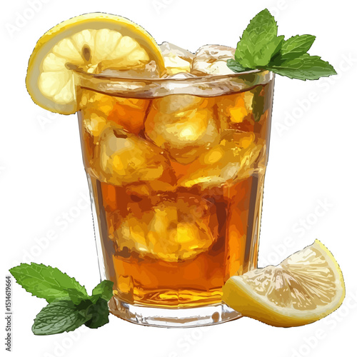 Refreshing iced tea with lemon and mint summer drink beverage cold brew recipe tutorial photography on transparent background