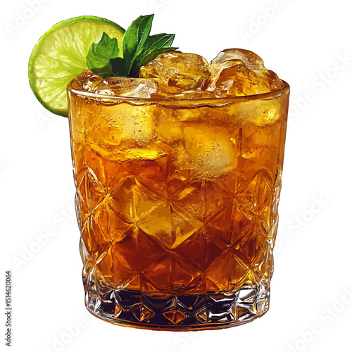 Refreshing long island iced tea cocktail with lime and mint garnish on black background for summer drink on transparent background