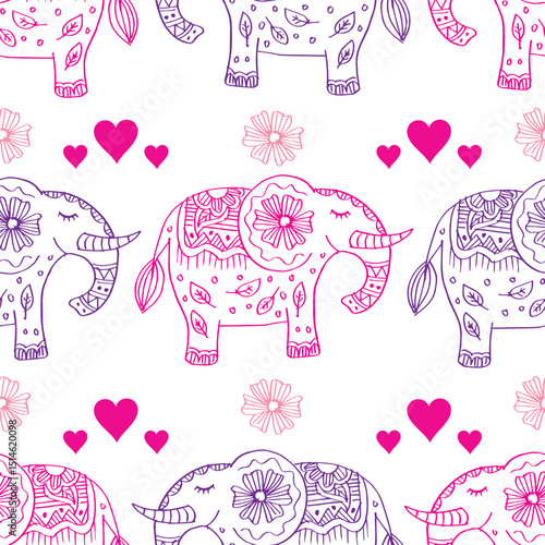 Seamless pattern with cute elephants and hearts. Hand drawn vector illustration.