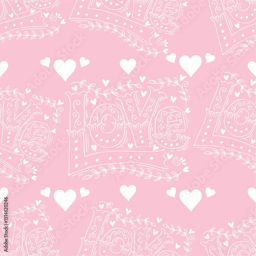 Seamless pattern with the words love and  hearts. Vector illustration.