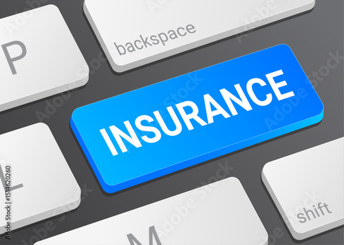Close Up Insurance Button on Laptop or Computer Keyboard for Policy Management, Claims, and 3D Finance Illustration