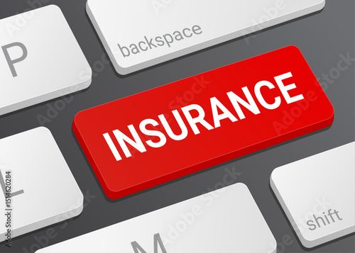 Close Up Insurance Button on Laptop or Computer Keyboard for Policy Management, Claims, and 3D Finance Illustration