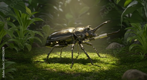 Cybernetic Beetle in Lush Tropical Rainforest: A Futuristic Bio-Mechanical Insect