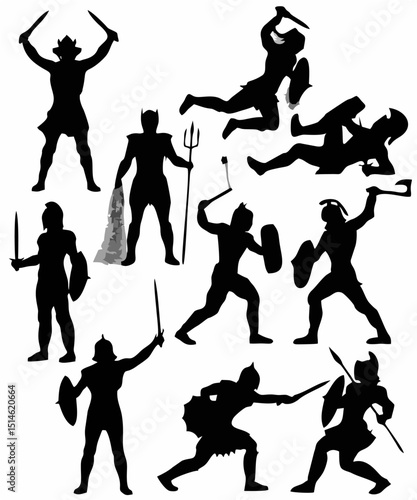 superhero silhouettes, dynamic poses, action figures, comic book style, high contrast black and white, dramatic lighting, grunge texture, creative composition
