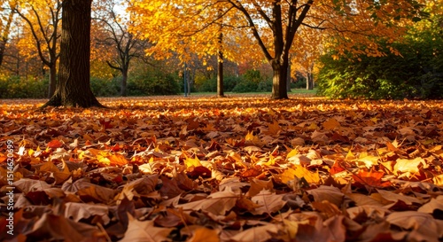 Wallpaper Mural Autumn Leaves Blanket Park Scene - Golden autumn leaves, a carpet of nature's beauty, symbolize change, warmth, tranquility, and the passage of time. A picturesque fall scene Torontodigital.ca