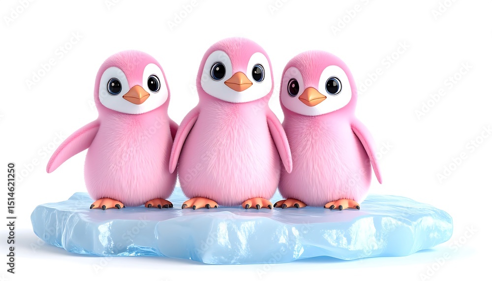 Obraz premium 3D rendered cute baby pink penguins with big eyes, soft fur, sitting on ice