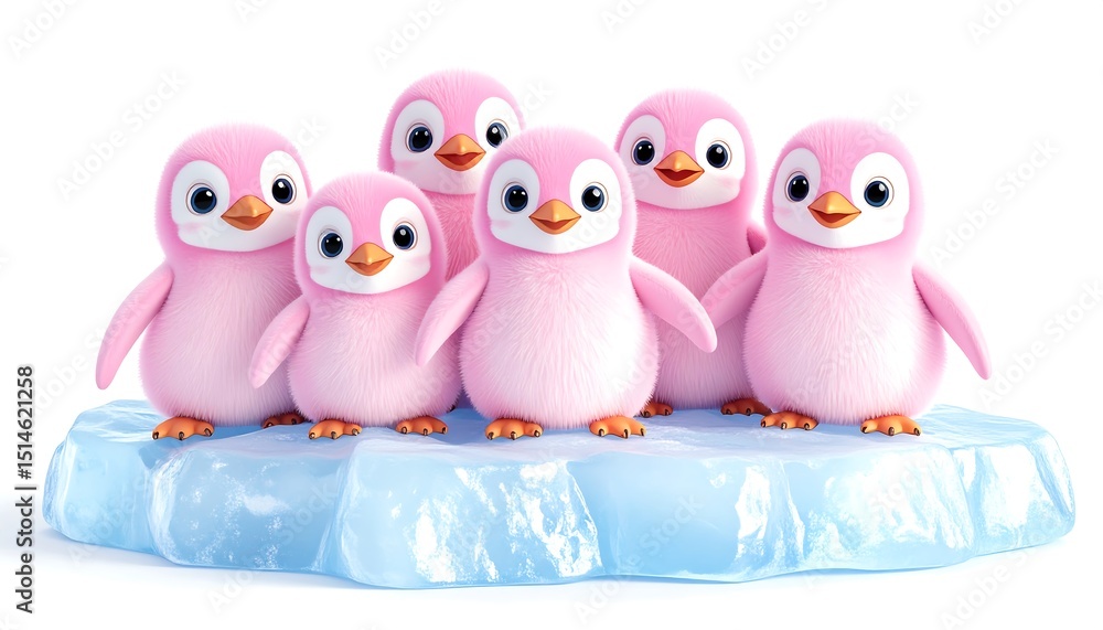 Obraz premium 3D rendered cute baby pink penguins with big eyes, soft fur, sitting on ice