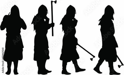 a group of silhouetted people, medieval fantasy characters, cloaked figures, detailed characters, dramatic lighting, mysterious atmosphere, digital art
