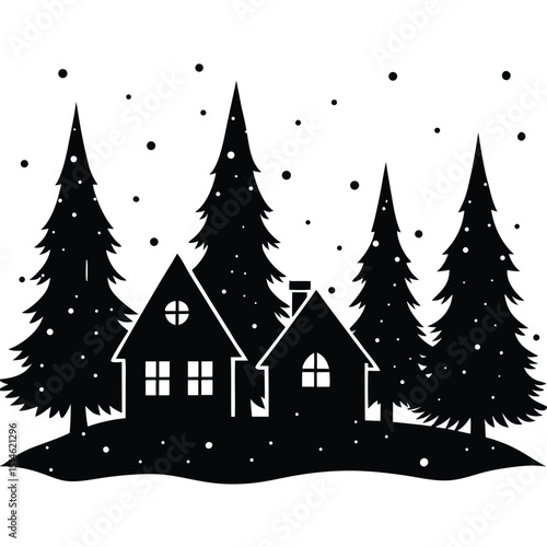 Wallpaper Mural Winter scene black and white illustration of cozy houses amidst snowfall and evergreen trees Torontodigital.ca