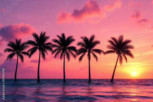 palm trees in the ocean at sunset