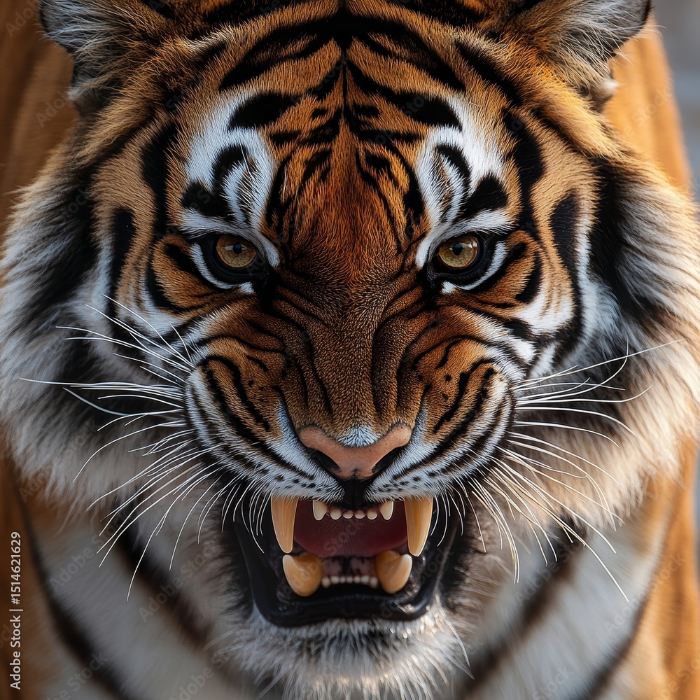 Fototapeta premium Close-up of an angry tiger face isolated. Head front view. Generative AI