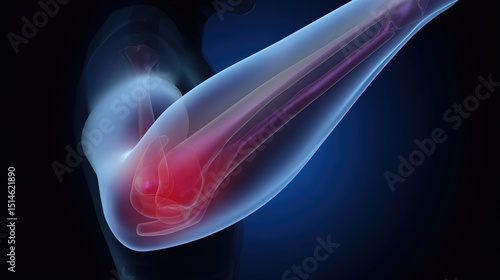 Elbow joint anatomy is displayed with emphasis on red regions representing pain, suggesting potential injuries or conditions affecting flexibility and mobility in the arm