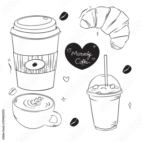 vector illustration of a cup of coffee and sweets croissant